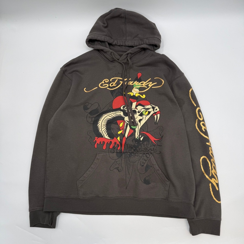 Ed Hardy Mens XL Hoodie Gray Snake Dagger Tattoo Graphic Y2K Streetwear